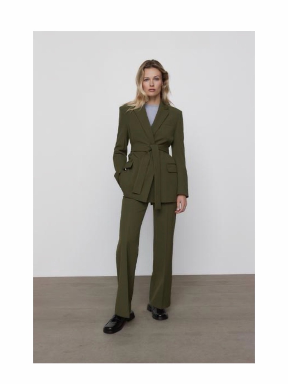 Olive Green oversize Belted Blazer & Wide-Leg Trousers Set